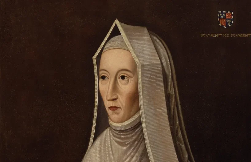 Portrait of Margaret Beaufort from the National Portrait Gallery, depicted in her sixties wearing a white headcovering and long black robe.